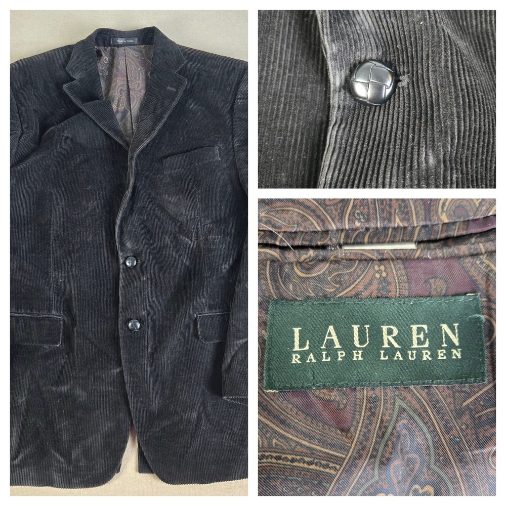 Lauren Ralph Lauren Mens Corduroy Blazer Jacket‎ Size 44R Black Paisley Lined